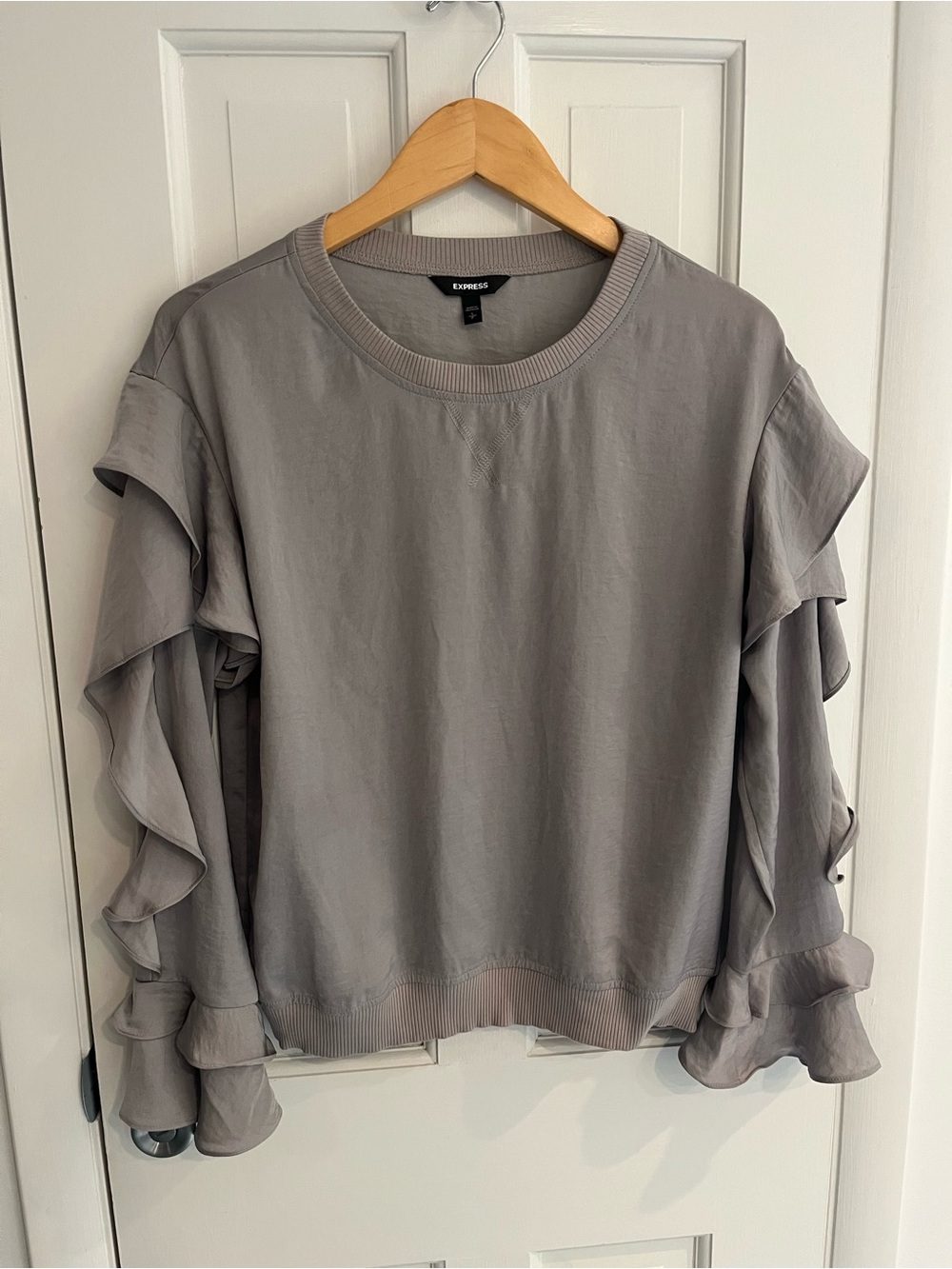 Express Blouse Silver Satin Top Size Small / P Long Sleeve Ruffle Accent